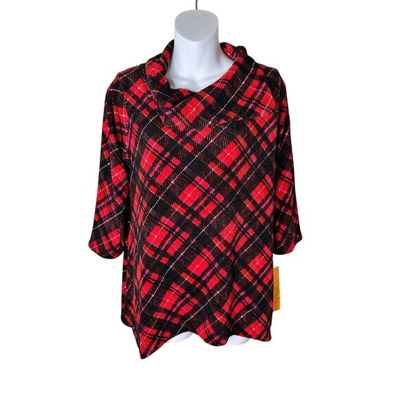 Ruby Rd Petite Medium Red & Black Plaid Cowl Neck Asymmetrical Hem Top  NWT - Picture 4 of 7